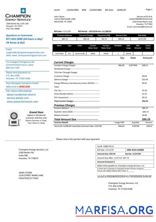 Blank USA Texas Champion Energy Services proof of address utility bill template in Word and PDF format
